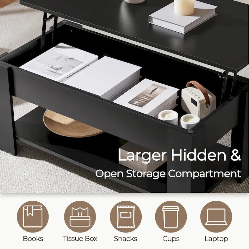 Table Basse Relevable avec Étagère de Rangement | Expresso / Marron / Blanc / Noir / Gris | Style Rustique | Pour 1-2