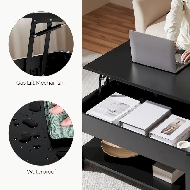 Table Basse Relevable avec Étagère de Rangement | Expresso / Marron / Blanc / Noir / Gris | Style Rustique | Pour 1-2
