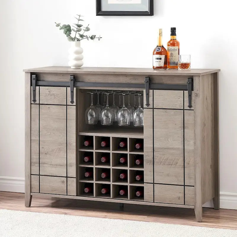 Buffet de rangement pour salle à manger avec porte coulissante type grange (Ivoire/Blanc/Taupe/Brun), 2 portes, 6 étagères et porte-bouteilles