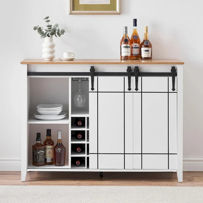 Buffet de rangement pour salle à manger avec porte coulissante type grange (Ivoire/Blanc/Taupe/Brun), 2 portes, 6 étagères et porte-bouteilles