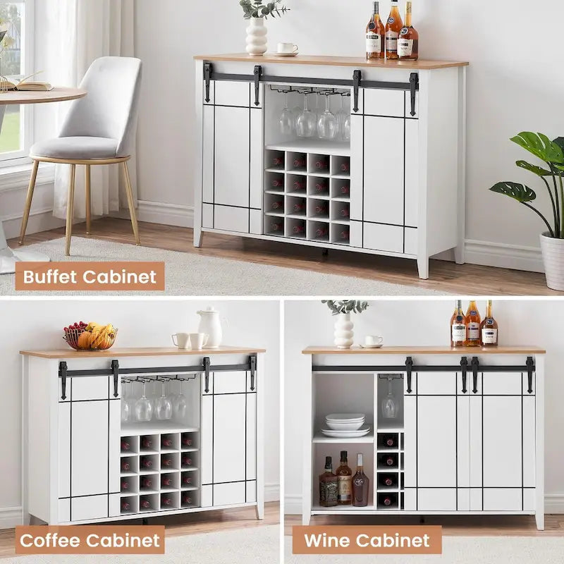 Buffet de rangement pour salle à manger avec porte coulissante type grange (Ivoire/Blanc/Taupe/Brun), 2 portes, 6 étagères et porte-bouteilles