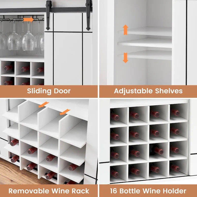 Buffet de rangement pour salle à manger avec porte coulissante type grange (Ivoire/Blanc/Taupe/Brun), 2 portes, 6 étagères et porte-bouteilles