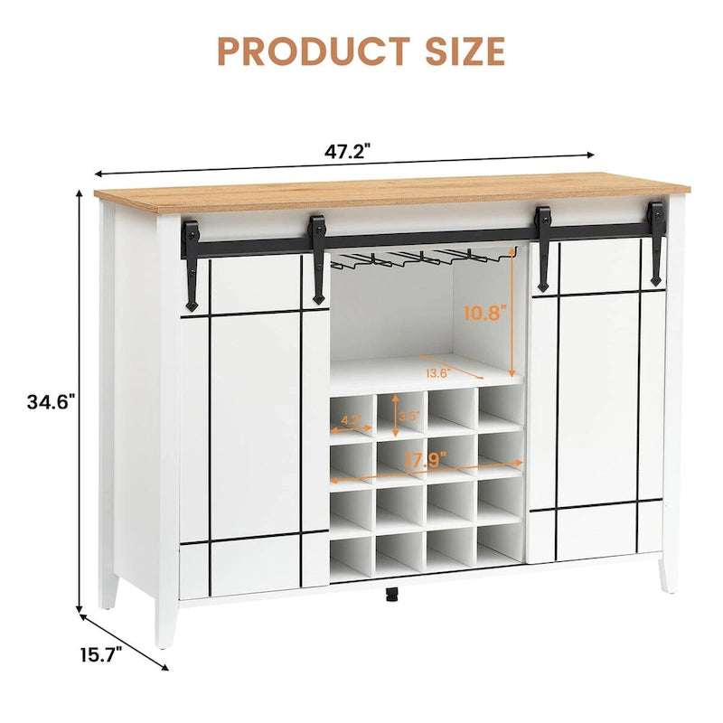 Buffet de rangement pour salle à manger avec porte coulissante type grange (Ivoire/Blanc/Taupe/Brun), 2 portes, 6 étagères et porte-bouteilles