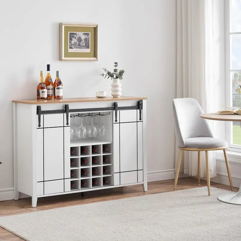 Buffet de rangement pour salle à manger avec porte coulissante type grange (Ivoire/Blanc/Taupe/Brun), 2 portes, 6 étagères et porte-bouteilles