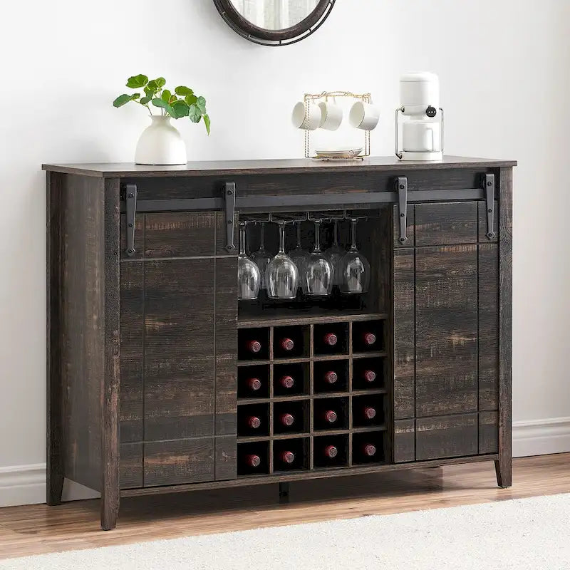 Buffet de rangement pour salle à manger avec porte coulissante type grange (Ivoire/Blanc/Taupe/Brun), 2 portes, 6 étagères et porte-bouteilles