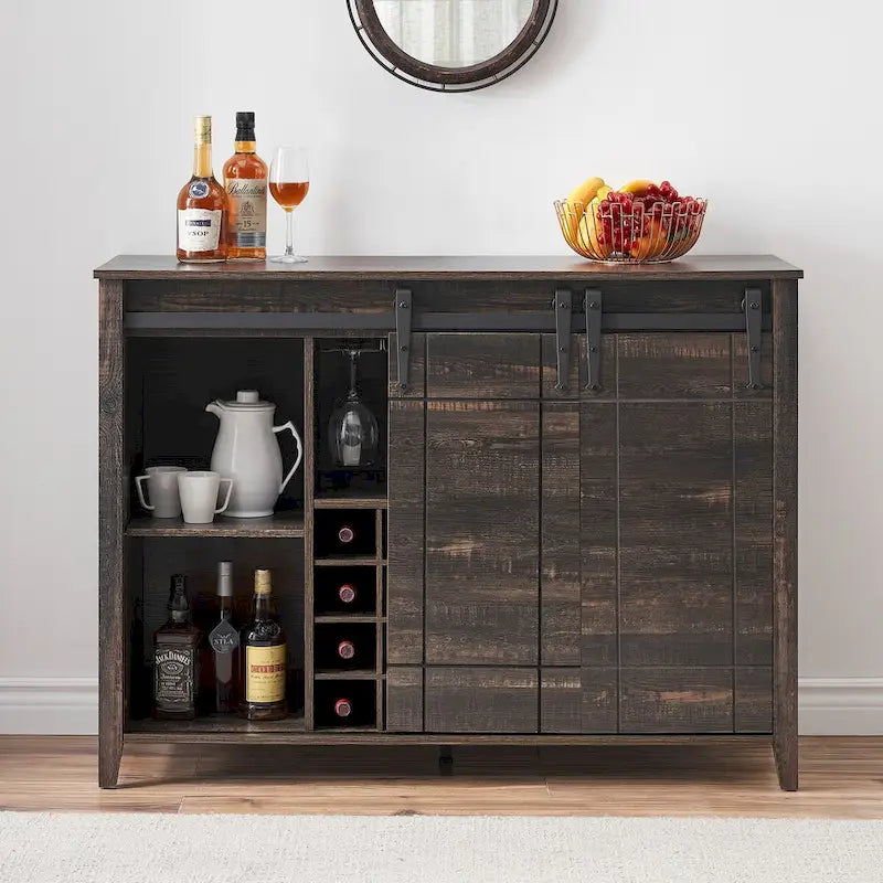 Buffet de rangement pour salle à manger avec porte coulissante type grange (Ivoire/Blanc/Taupe/Brun), 2 portes, 6 étagères et porte-bouteilles