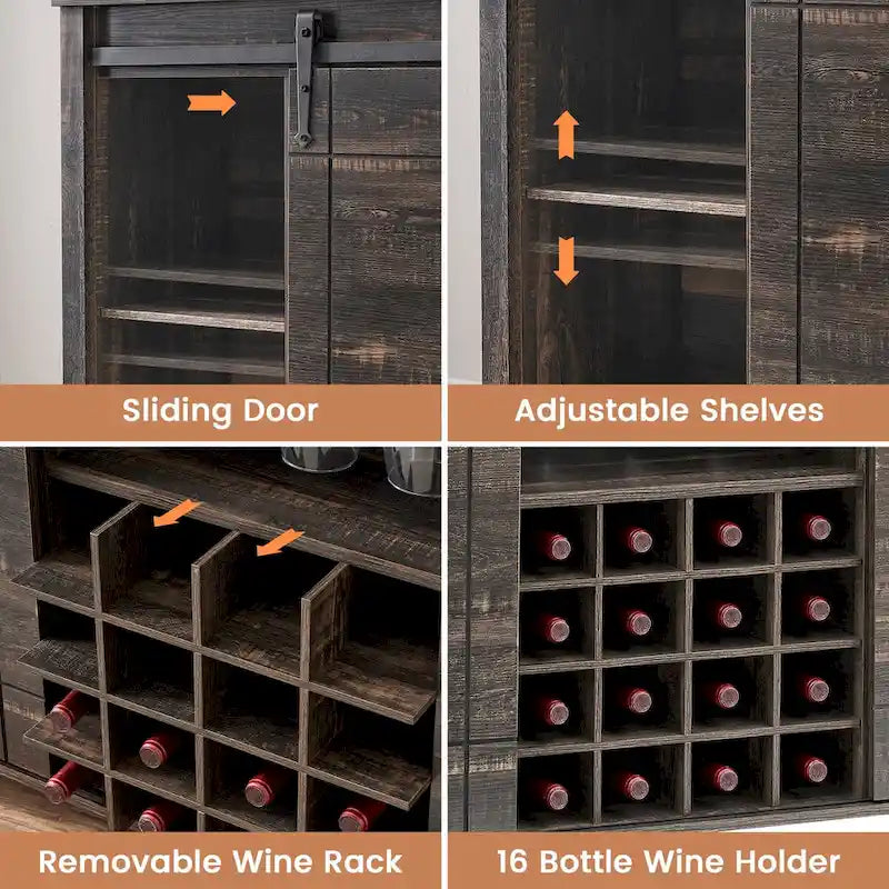 Buffet de rangement pour salle à manger avec porte coulissante type grange (Ivoire/Blanc/Taupe/Brun), 2 portes, 6 étagères et porte-bouteilles