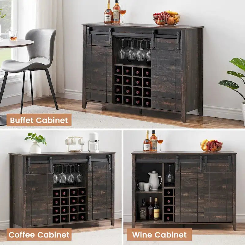 Buffet de rangement pour salle à manger avec porte coulissante type grange (Ivoire/Blanc/Taupe/Brun), 2 portes, 6 étagères et porte-bouteilles