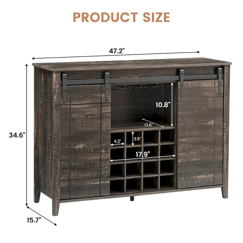 Buffet de rangement pour salle à manger avec porte coulissante type grange (Ivoire/Blanc/Taupe/Brun), 2 portes, 6 étagères et porte-bouteilles