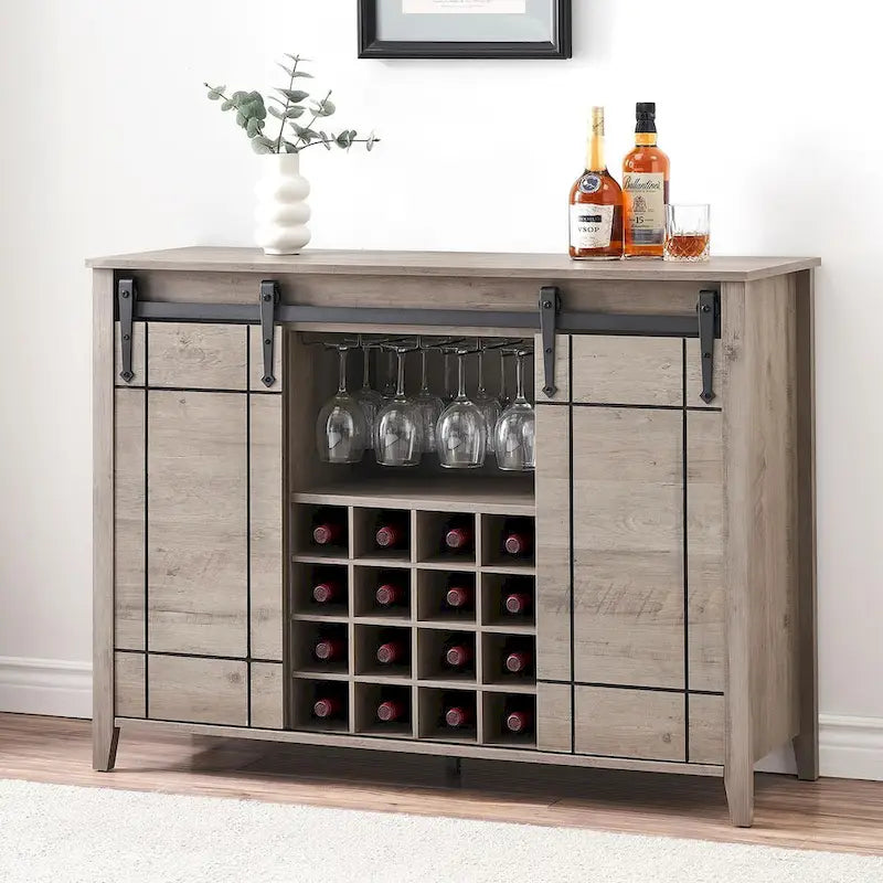 Buffet de rangement pour salle à manger avec porte coulissante type grange (Ivoire/Blanc/Taupe/Brun), 2 portes, 6 étagères et porte-bouteilles