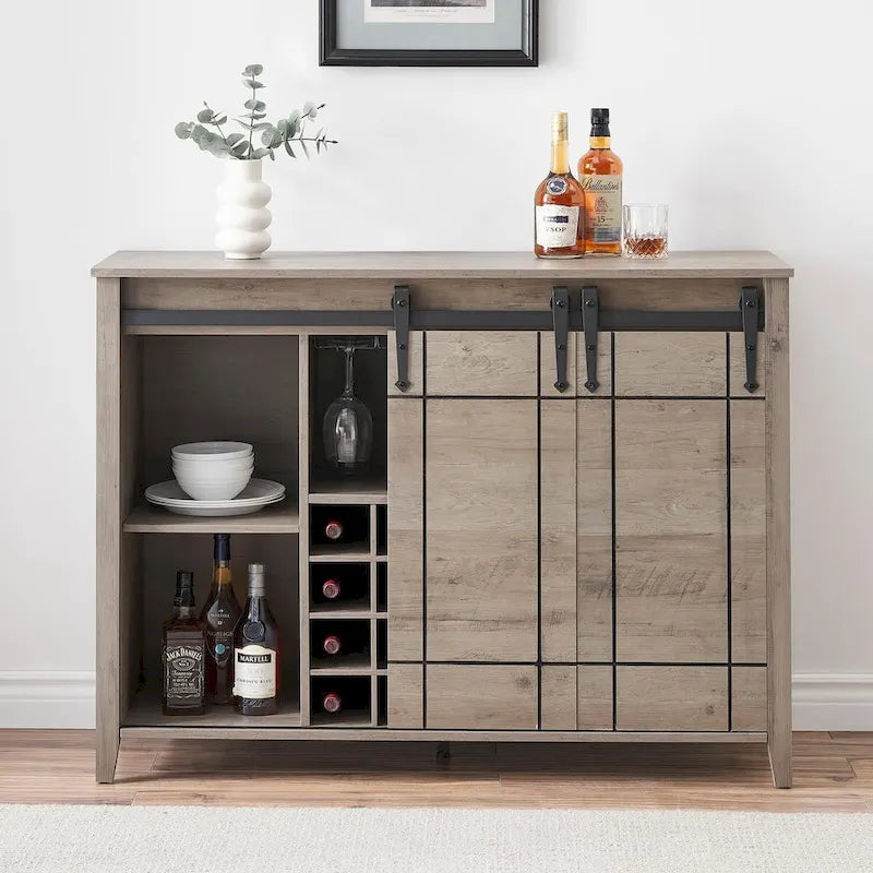 Buffet de rangement pour salle à manger avec porte coulissante type grange (Ivoire/Blanc/Taupe/Brun), 2 portes, 6 étagères et porte-bouteilles