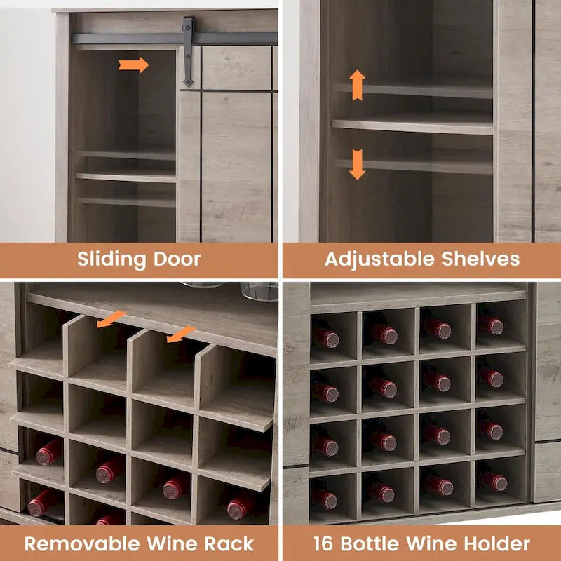 Buffet de rangement pour salle à manger avec porte coulissante type grange (Ivoire/Blanc/Taupe/Brun), 2 portes, 6 étagères et porte-bouteilles