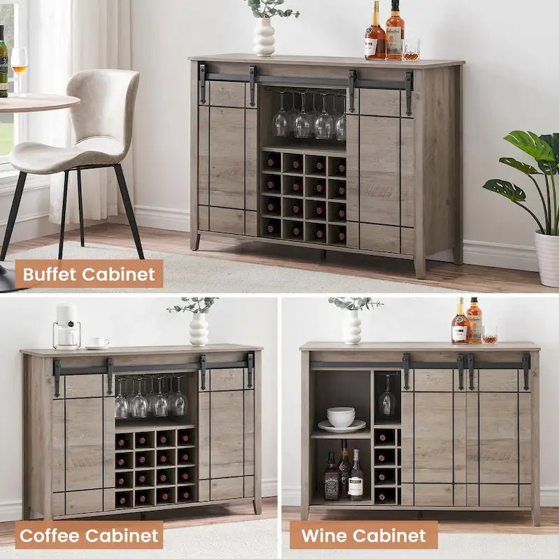 Buffet de rangement pour salle à manger avec porte coulissante type grange (Ivoire/Blanc/Taupe/Brun), 2 portes, 6 étagères et porte-bouteilles