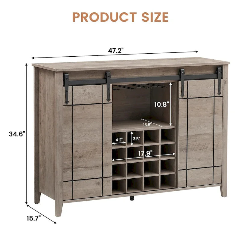 Buffet de rangement pour salle à manger avec porte coulissante type grange (Ivoire/Blanc/Taupe/Brun), 2 portes, 6 étagères et porte-bouteilles