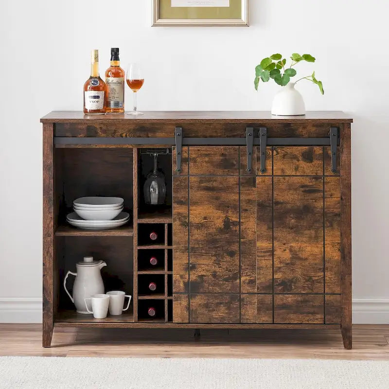 Buffet de rangement pour salle à manger avec porte coulissante type grange (Ivoire/Blanc/Taupe/Brun), 2 portes, 6 étagères et porte-bouteilles