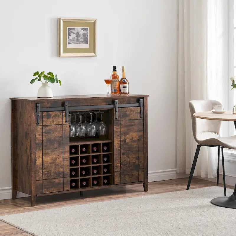Buffet de rangement pour salle à manger avec porte coulissante type grange (Ivoire/Blanc/Taupe/Brun), 2 portes, 6 étagères et porte-bouteilles