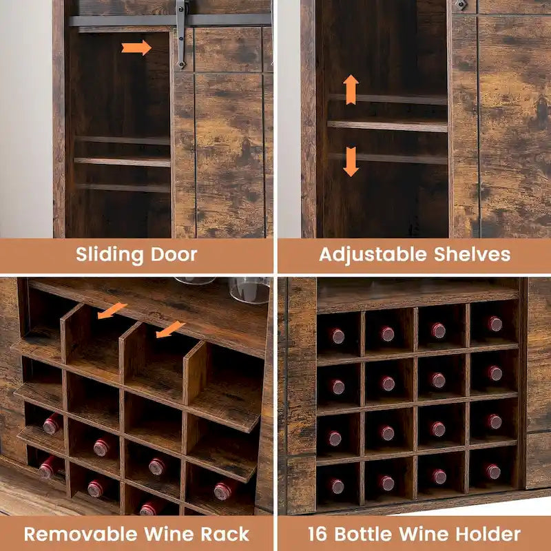 Buffet de rangement pour salle à manger avec porte coulissante type grange (Ivoire/Blanc/Taupe/Brun), 2 portes, 6 étagères et porte-bouteilles