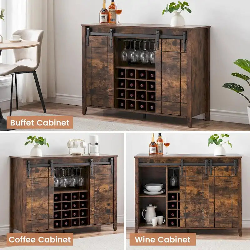 Buffet de rangement pour salle à manger avec porte coulissante type grange (Ivoire/Blanc/Taupe/Brun), 2 portes, 6 étagères et porte-bouteilles