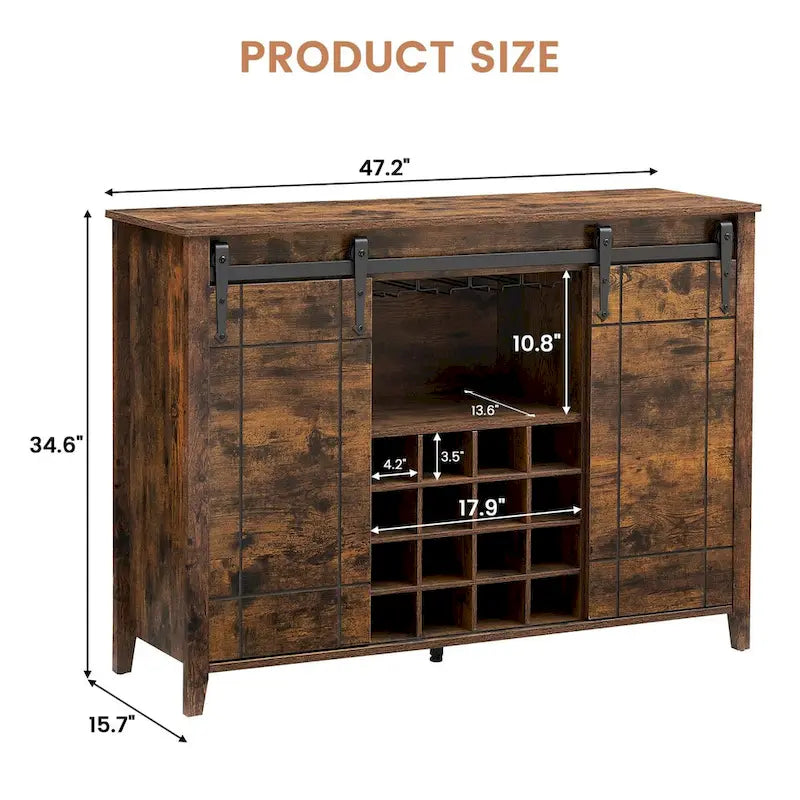 Buffet de rangement pour salle à manger avec porte coulissante type grange (Ivoire/Blanc/Taupe/Brun), 2 portes, 6 étagères et porte-bouteilles