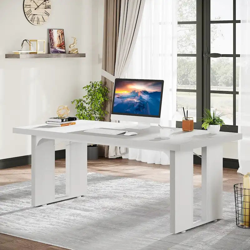 Grand bureau de ferme blanc/marron/gris, pour 6 à 8 personnes, 180 cm de large