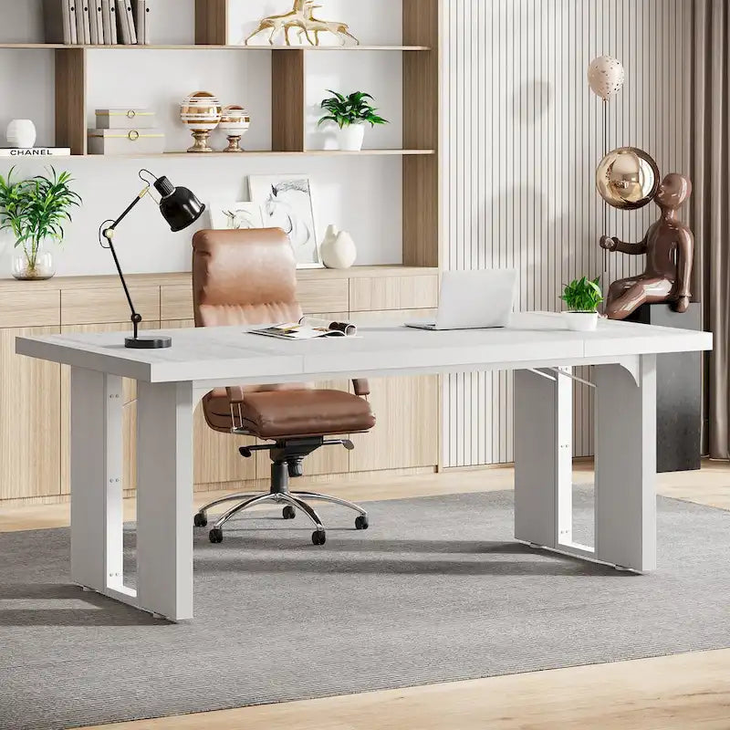 Grand bureau de ferme blanc/marron/gris, pour 6 à 8 personnes, 180 cm de large