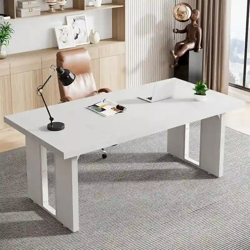 Grand bureau de ferme blanc/marron/gris, pour 6 à 8 personnes, 180 cm de large