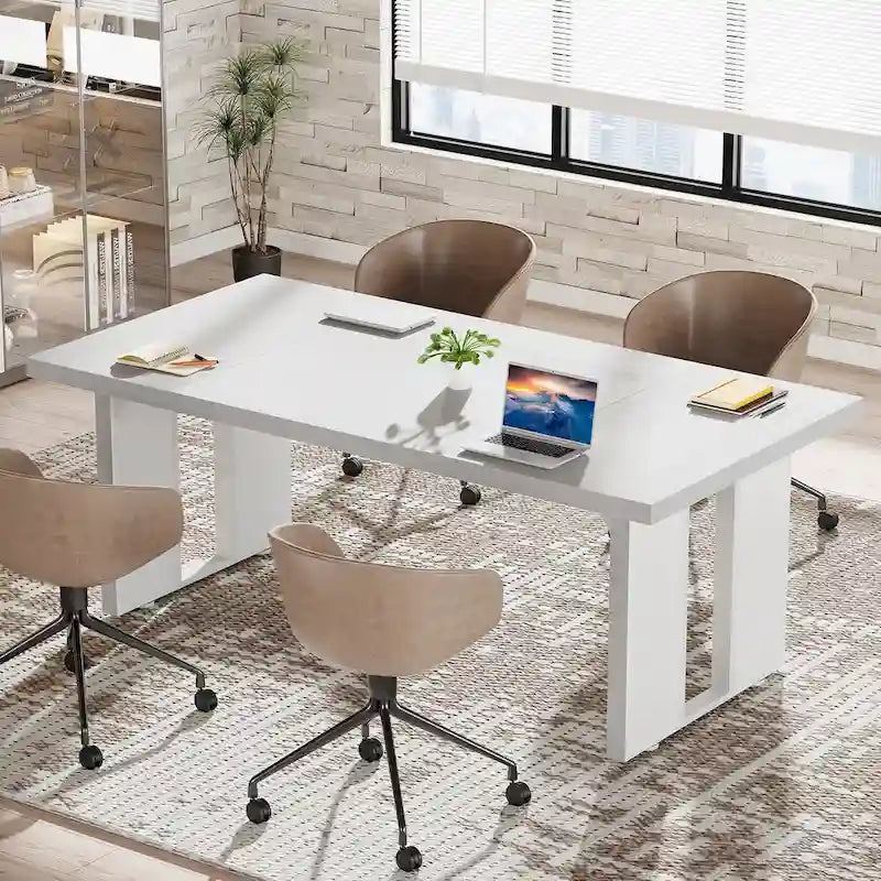 Grand bureau de ferme blanc/marron/gris, pour 6 à 8 personnes, 180 cm de large