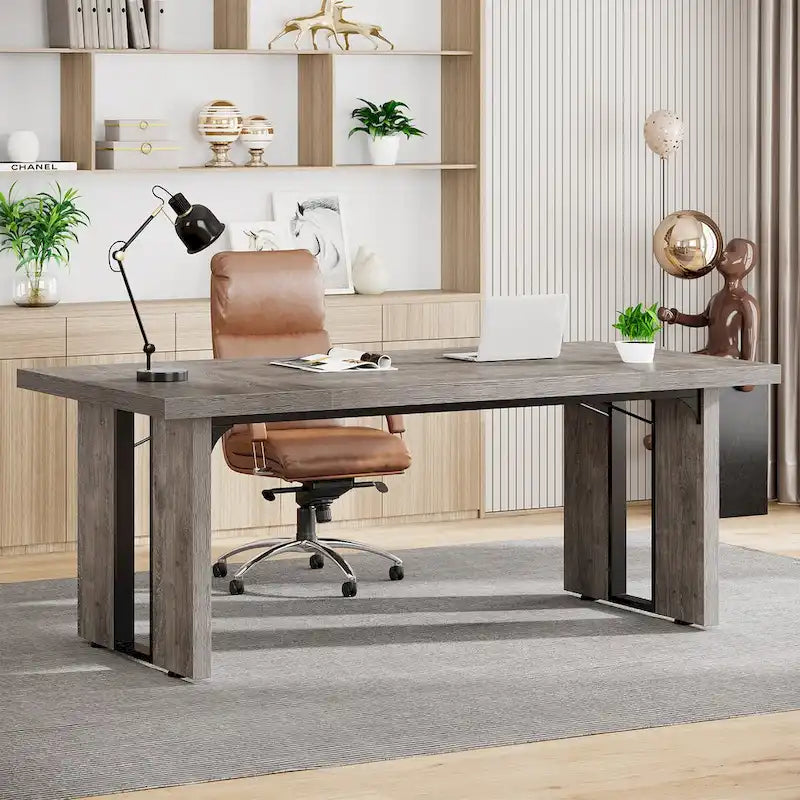 Grand bureau de ferme blanc/marron/gris, pour 6 à 8 personnes, 180 cm de large