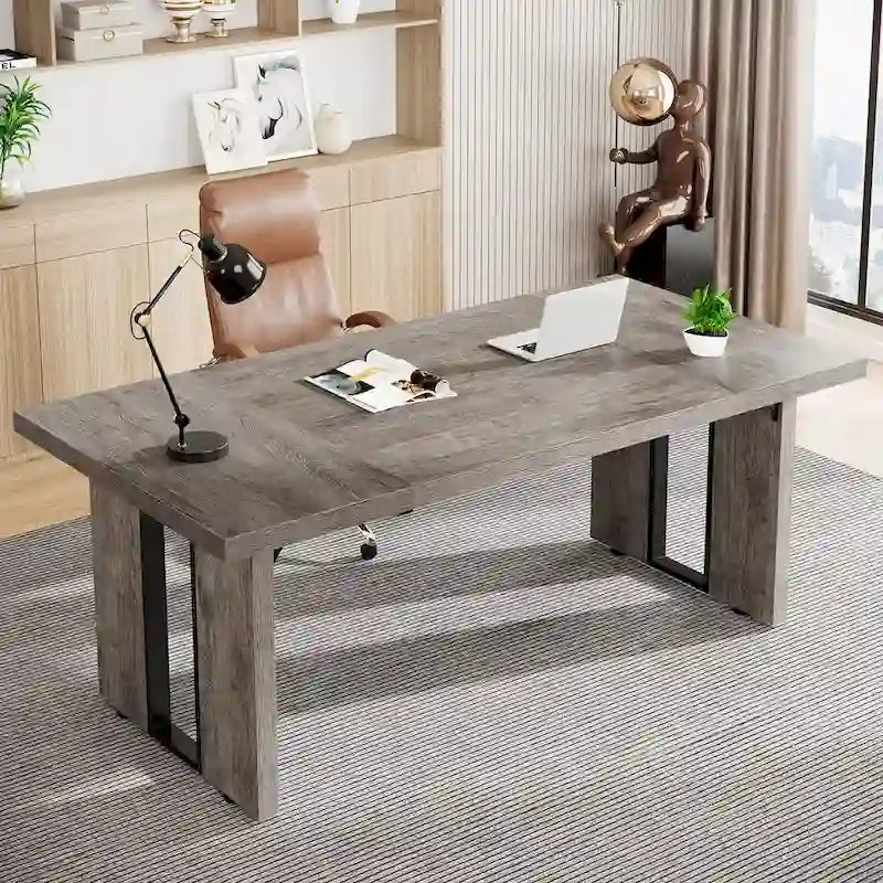 Grand bureau de ferme blanc/marron/gris, pour 6 à 8 personnes, 180 cm de large