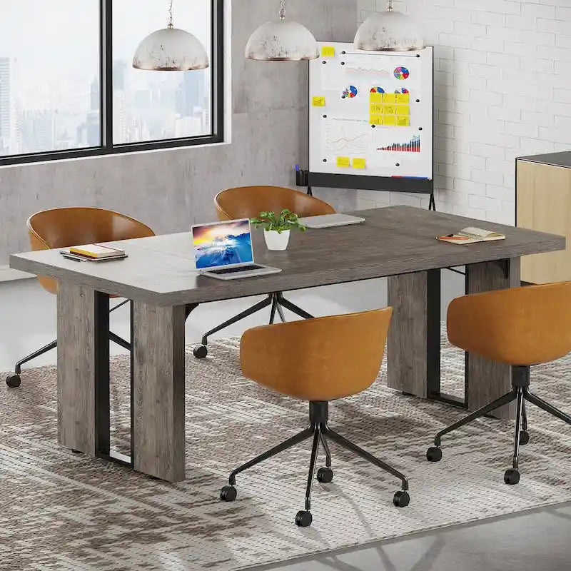Grand bureau de ferme blanc/marron/gris, pour 6 à 8 personnes, 180 cm de large