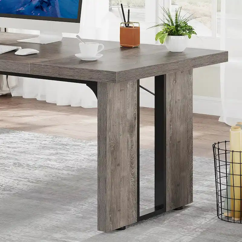 Grand bureau de ferme blanc/marron/gris, pour 6 à 8 personnes, 180 cm de large