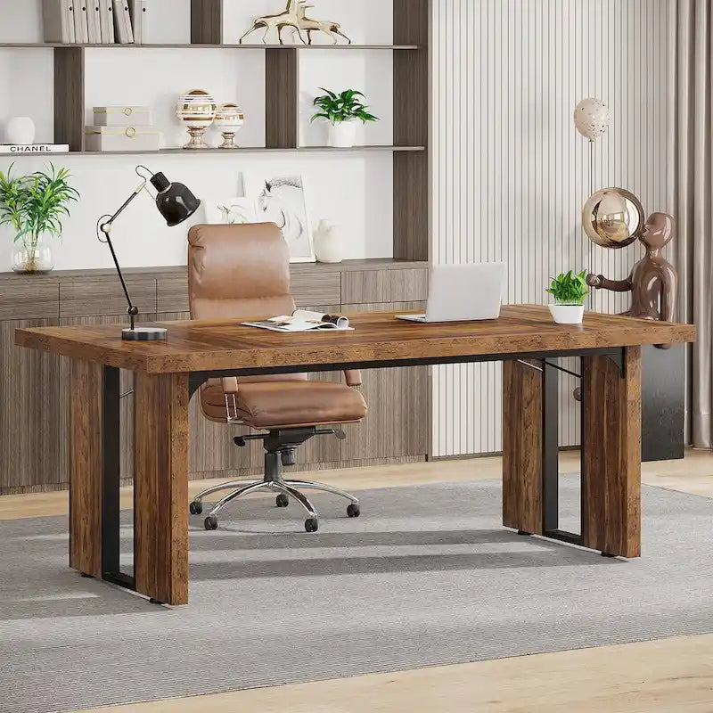 Grand bureau de ferme blanc/marron/gris, pour 6 à 8 personnes, 180 cm de large