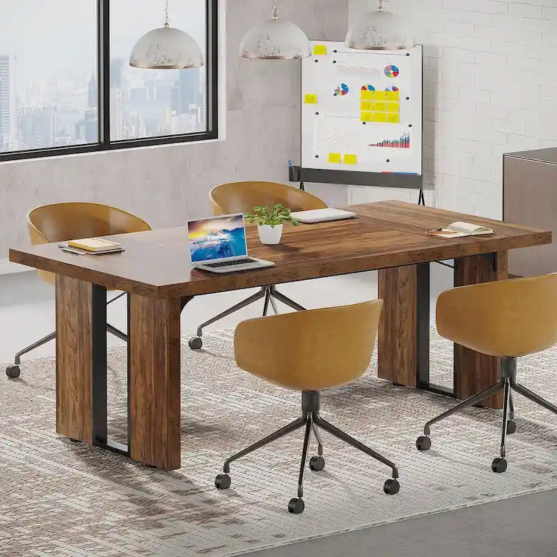 Grand bureau de ferme blanc/marron/gris, pour 6 à 8 personnes, 180 cm de large