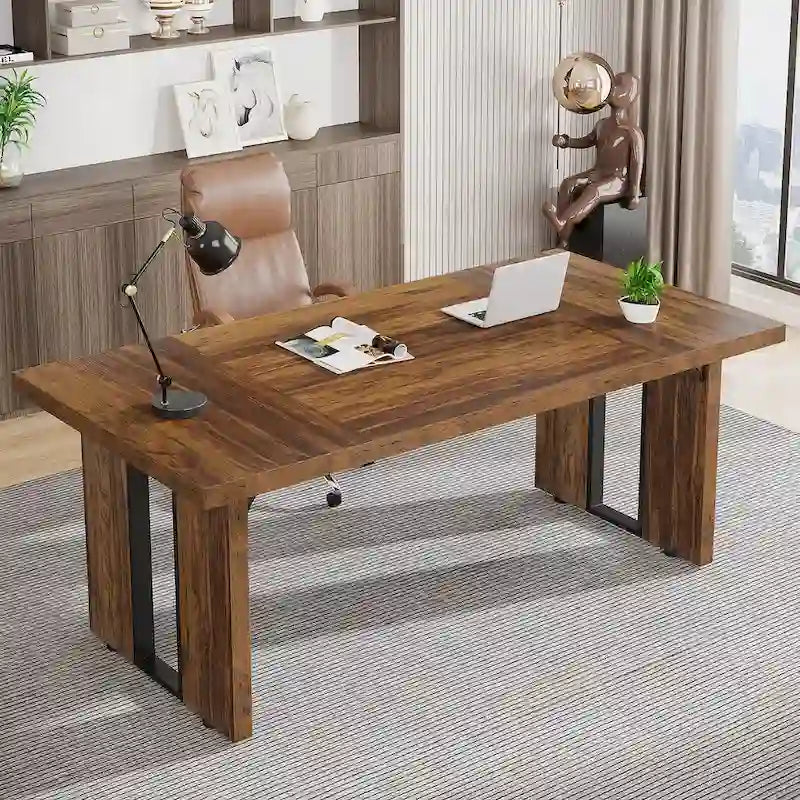 Grand bureau de ferme blanc/marron/gris, pour 6 à 8 personnes, 180 cm de large
