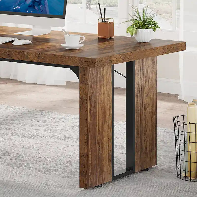 Grand bureau de ferme blanc/marron/gris, pour 6 à 8 personnes, 180 cm de large