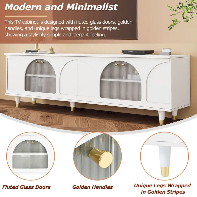 Arch Fluted Glass TV Stand with Gold Handles, Black/White, Fits TVs up to 78"