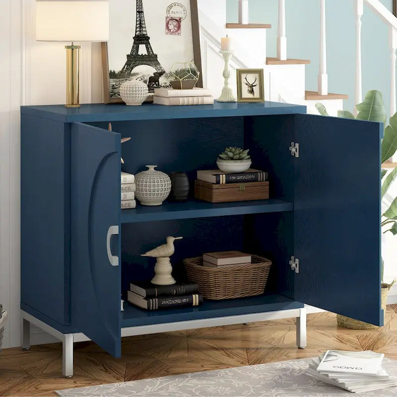 Buffet avec surface en placage bois et pieds en métal – Bleu / Noir / Blanc, une porte, 1 unité