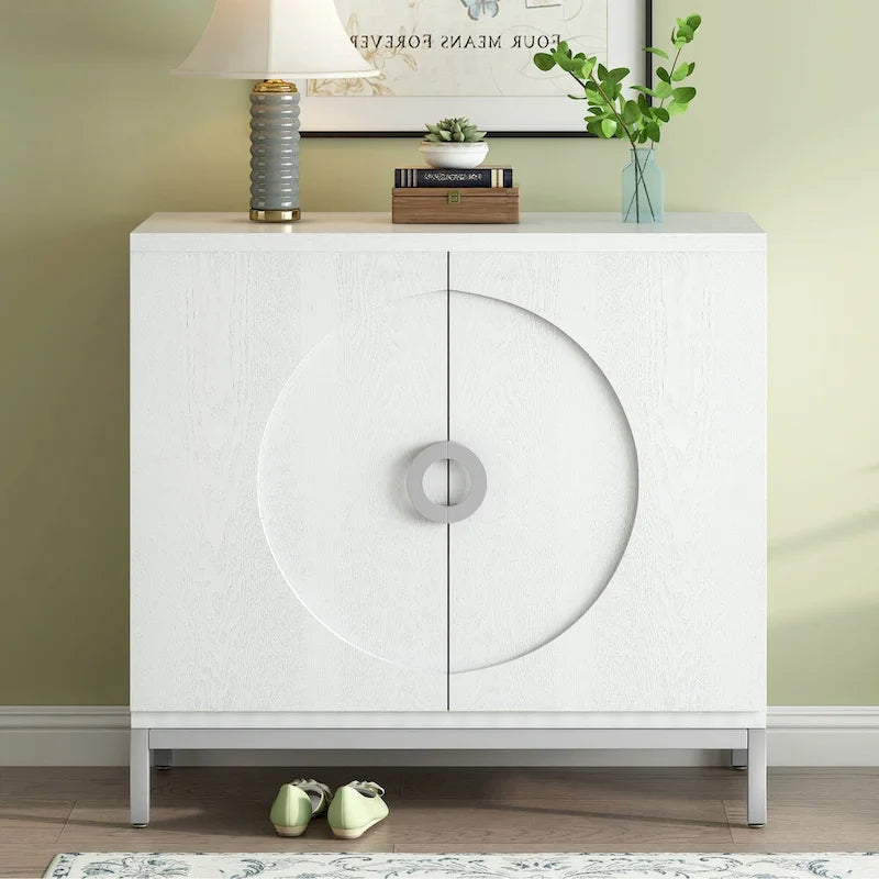 Buffet avec surface en placage bois et pieds en métal – Bleu / Noir / Blanc, une porte, 1 unité