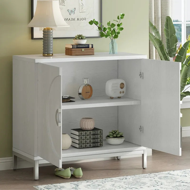 Buffet avec surface en placage bois et pieds en métal – Bleu / Noir / Blanc, une porte, 1 unité