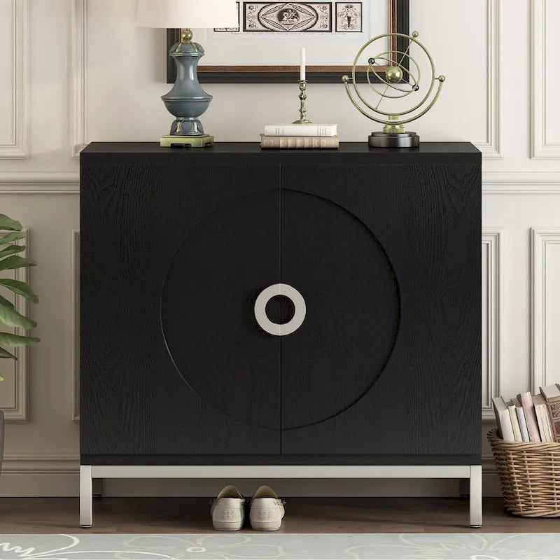 Buffet avec surface en placage bois et pieds en métal – Bleu / Noir / Blanc, une porte, 1 unité
