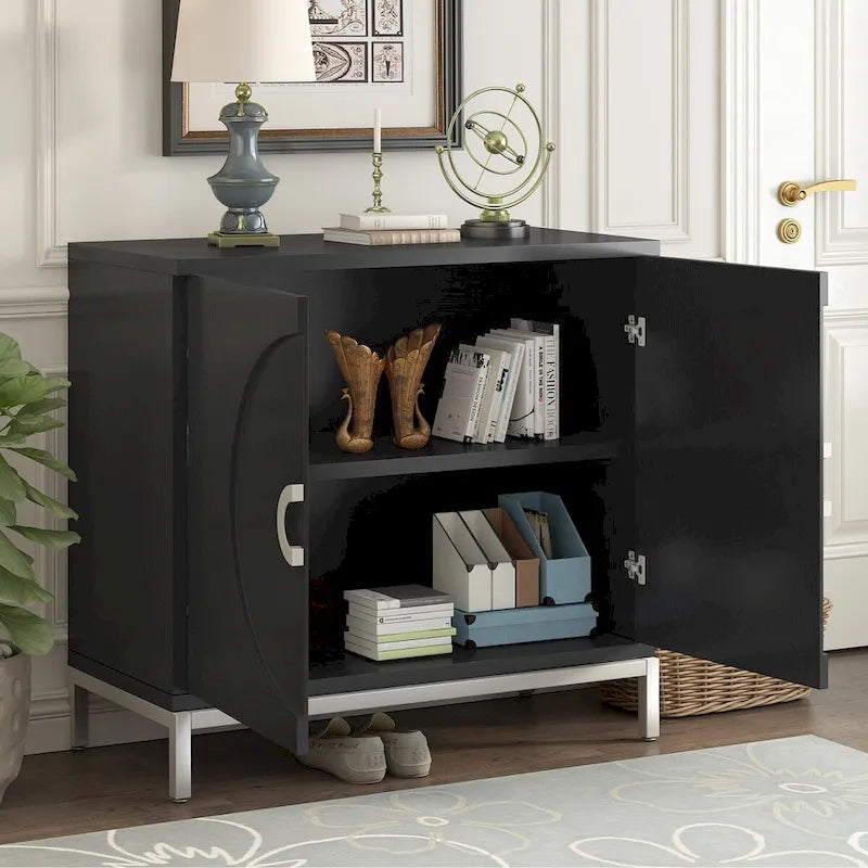 Buffet avec surface en placage bois et pieds en métal – Bleu / Noir / Blanc, une porte, 1 unité