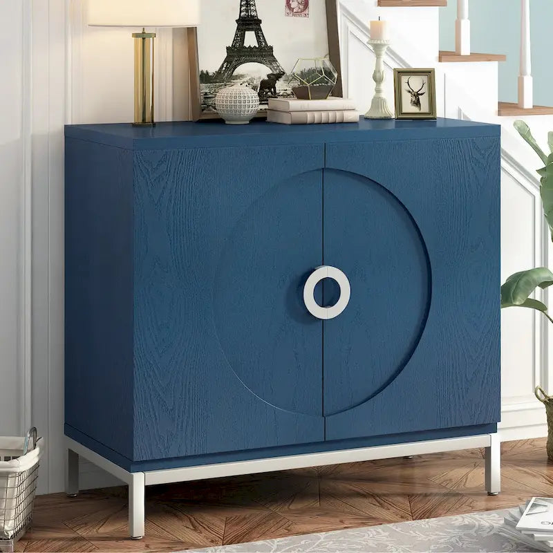 Buffet avec surface en placage bois et pieds en métal – Bleu / Noir / Blanc, une porte, 1 unité