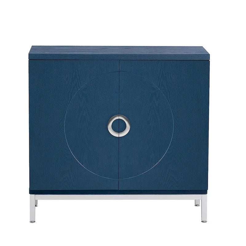 Buffet avec surface en placage bois et pieds en métal – Bleu / Noir / Blanc, une porte, 1 unité