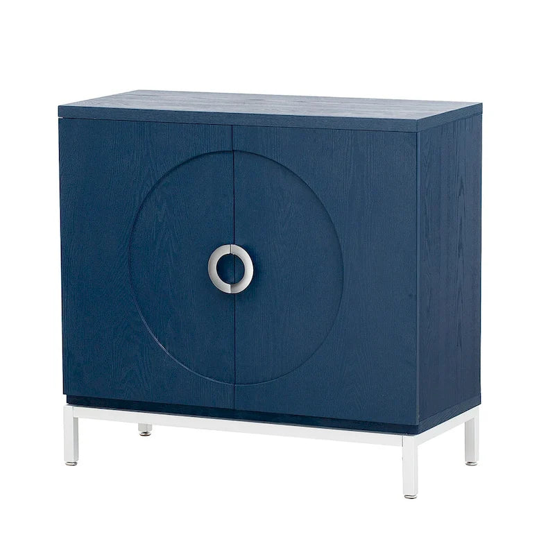 Buffet avec surface en placage bois et pieds en métal – Bleu / Noir / Blanc, une porte, 1 unité