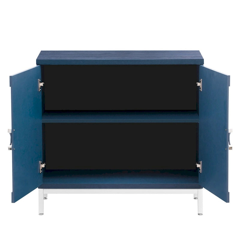 Buffet avec surface en placage bois et pieds en métal – Bleu / Noir / Blanc, une porte, 1 unité