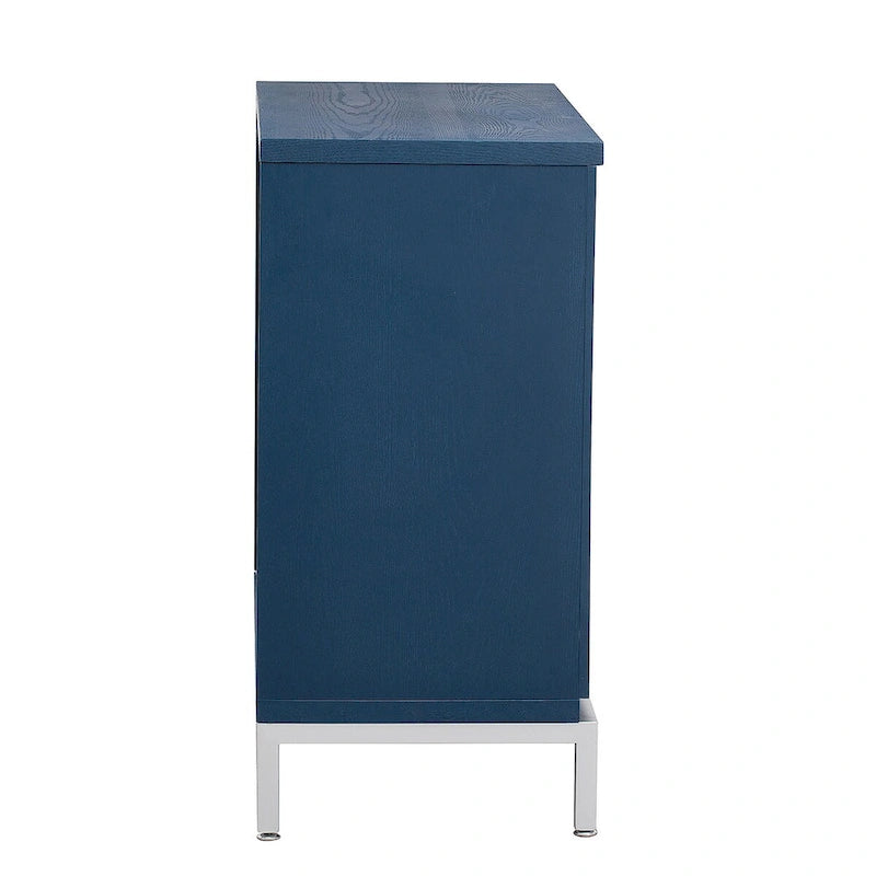 Buffet avec surface en placage bois et pieds en métal – Bleu / Noir / Blanc, une porte, 1 unité