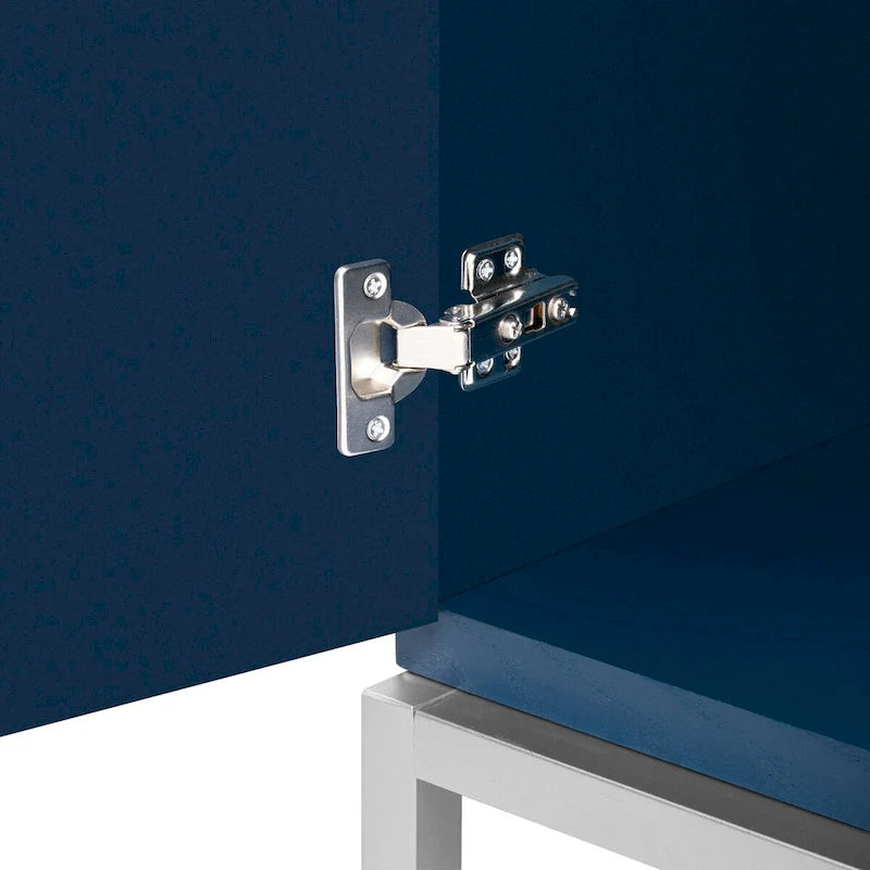 Buffet avec surface en placage bois et pieds en métal – Bleu / Noir / Blanc, une porte, 1 unité