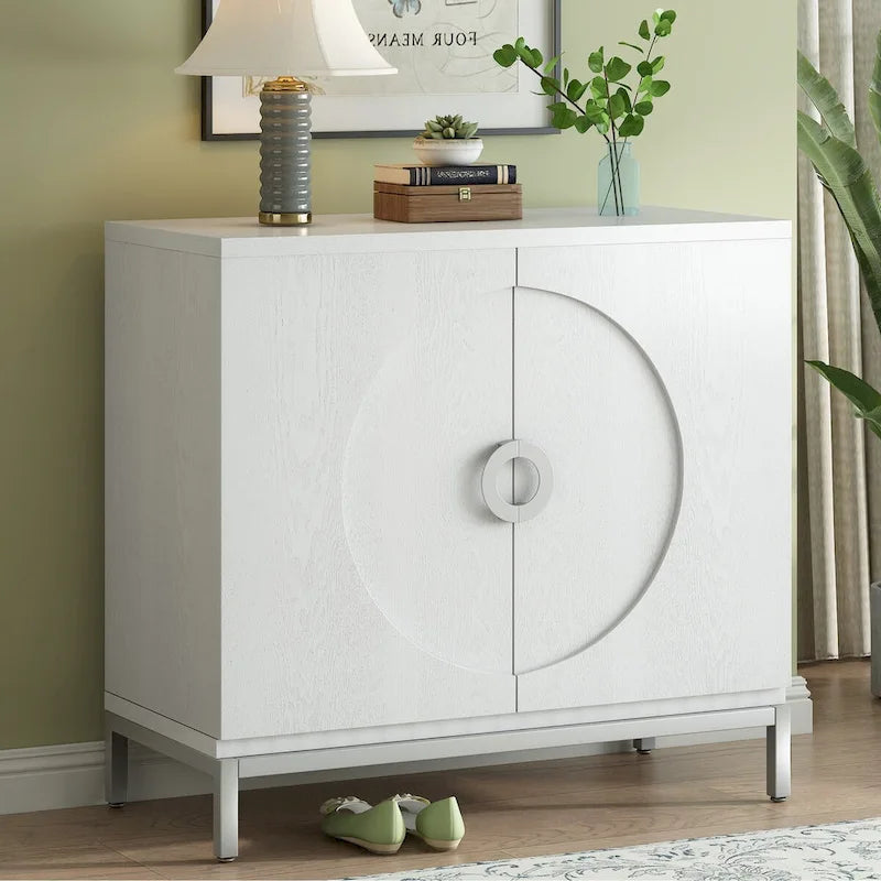 Buffet avec surface en placage bois et pieds en métal – Bleu / Noir / Blanc, une porte, 1 unité