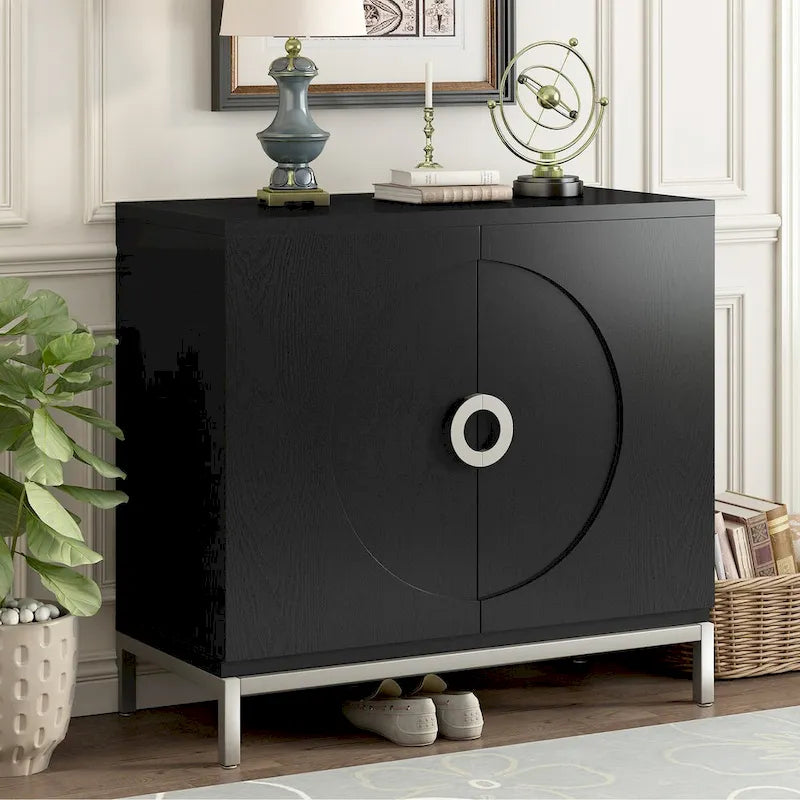 Buffet avec surface en placage bois et pieds en métal – Bleu / Noir / Blanc, une porte, 1 unité
