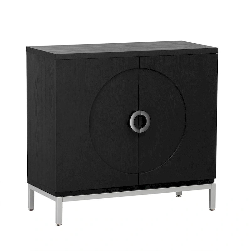 Buffet avec surface en placage bois et pieds en métal – Bleu / Noir / Blanc, une porte, 1 unité